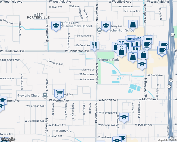 map of restaurants, bars, coffee shops, grocery stores, and more near 1661 Memory Lane in Porterville