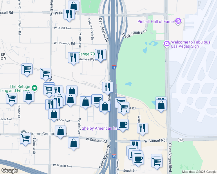 map of restaurants, bars, coffee shops, grocery stores, and more near Dean Martin Drive in Las Vegas