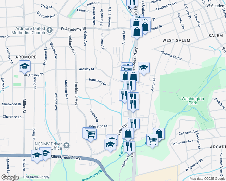 map of restaurants, bars, coffee shops, grocery stores, and more near 1021 South Sunset Drive in Winston-Salem