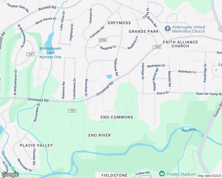 map of restaurants, bars, coffee shops, grocery stores, and more near 3 Otters Run in Durham