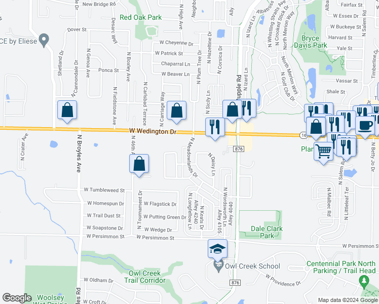 map of restaurants, bars, coffee shops, grocery stores, and more near 946 North Meadowlands Drive in Fayetteville