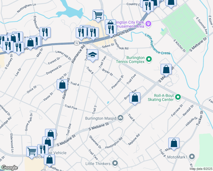 map of restaurants, bars, coffee shops, grocery stores, and more near 304 Trail 8 in Burlington