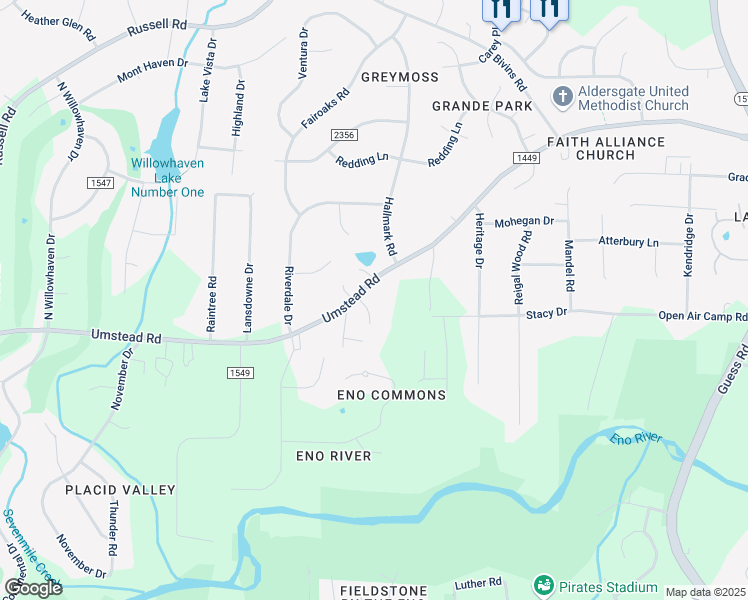 map of restaurants, bars, coffee shops, grocery stores, and more near 3 Otters Run in Durham