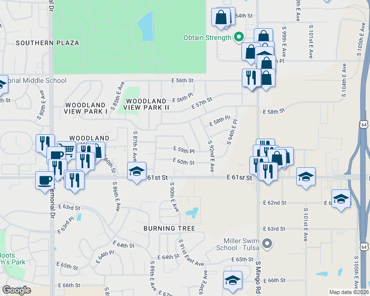 map of restaurants, bars, coffee shops, grocery stores, and more near 8946 East 59th Street in Tulsa