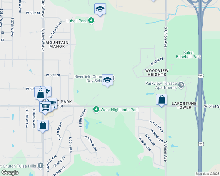 map of restaurants, bars, coffee shops, grocery stores, and more near 2433 West 61st Street in Tulsa