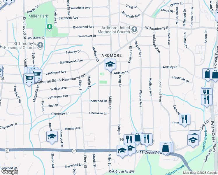 map of restaurants, bars, coffee shops, grocery stores, and more near 2200 Elgin Street in Winston-Salem