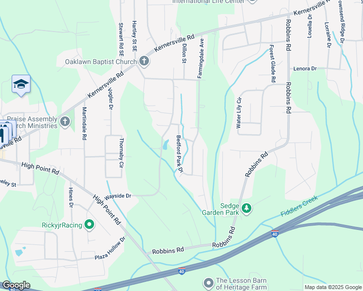 map of restaurants, bars, coffee shops, grocery stores, and more near 407 Bedford Park Drive in Winston-Salem