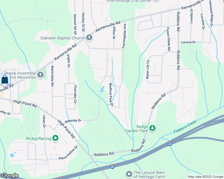 map of restaurants, bars, coffee shops, grocery stores, and more near 407 Bedford Park Drive in Winston-Salem