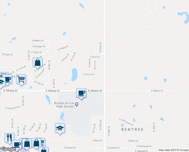 map of restaurants, bars, coffee shops, grocery stores, and more near 2217 East Concord Street in Broken Arrow
