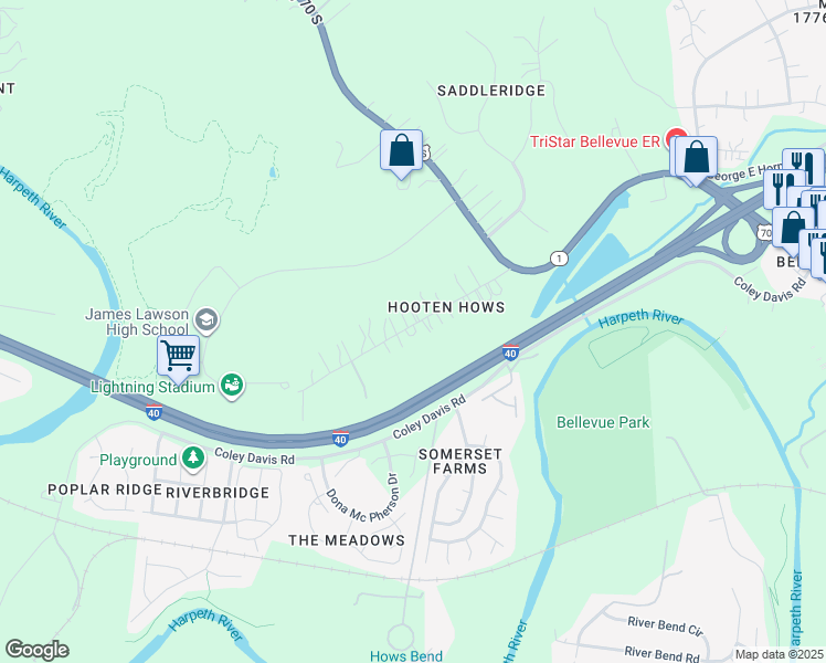 map of restaurants, bars, coffee shops, grocery stores, and more near 7935 Hooten Hows Road in Nashville