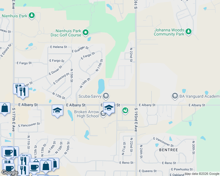 map of restaurants, bars, coffee shops, grocery stores, and more near 2100 East Concord Street in Broken Arrow