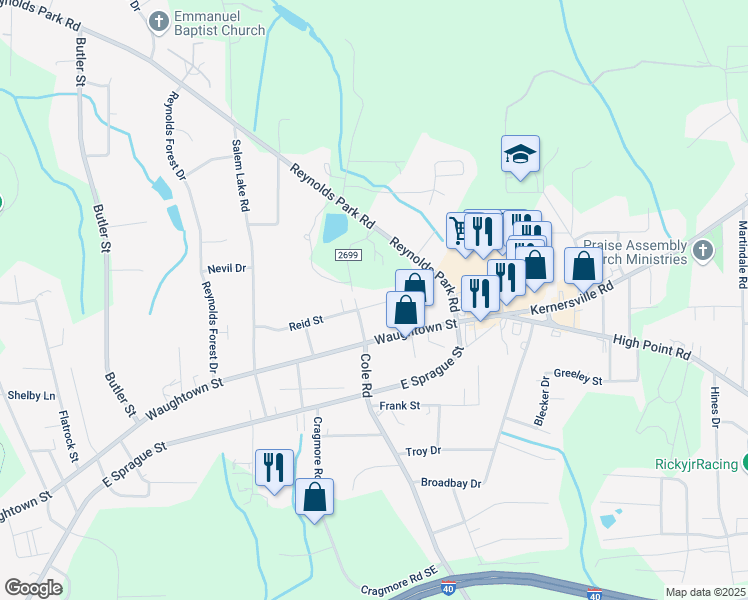 map of restaurants, bars, coffee shops, grocery stores, and more near 2809 Reid Street in Winston-Salem