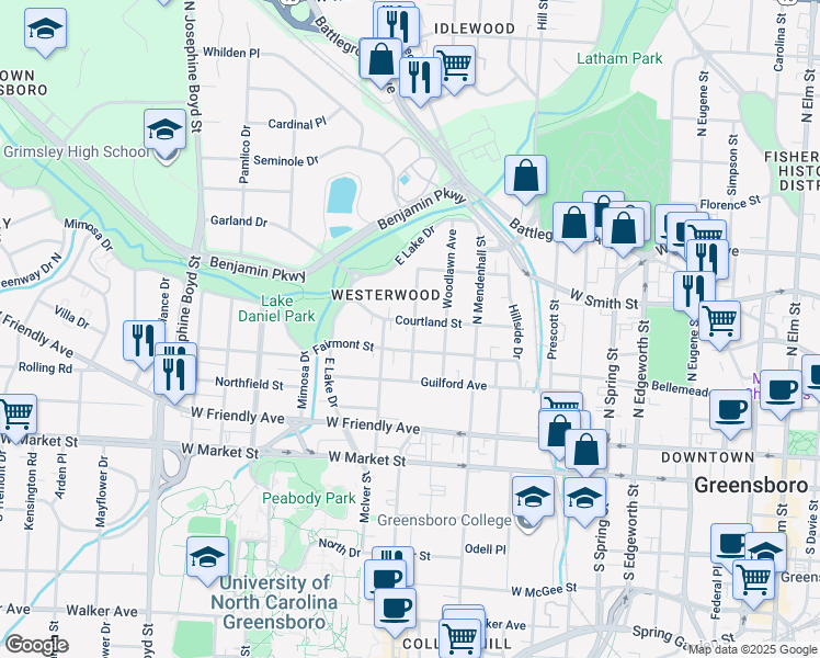 map of restaurants, bars, coffee shops, grocery stores, and more near 901 Courtland Street in Greensboro