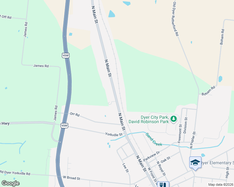 map of restaurants, bars, coffee shops, grocery stores, and more near 735 North Main Street in Dyer