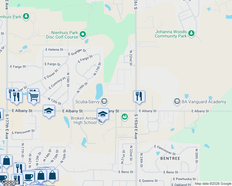 map of restaurants, bars, coffee shops, grocery stores, and more near 2121 East Concord Street in Broken Arrow