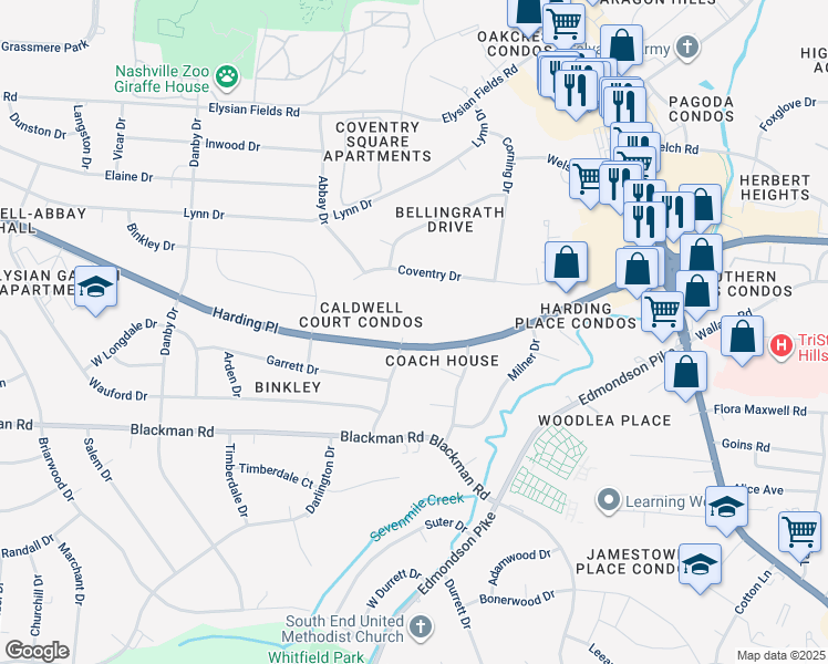 map of restaurants, bars, coffee shops, grocery stores, and more near 530 Harding Place in Nashville