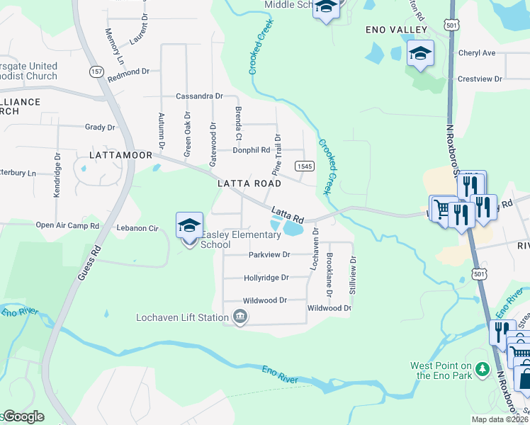map of restaurants, bars, coffee shops, grocery stores, and more near 5001 Pine Trail Drive in Durham