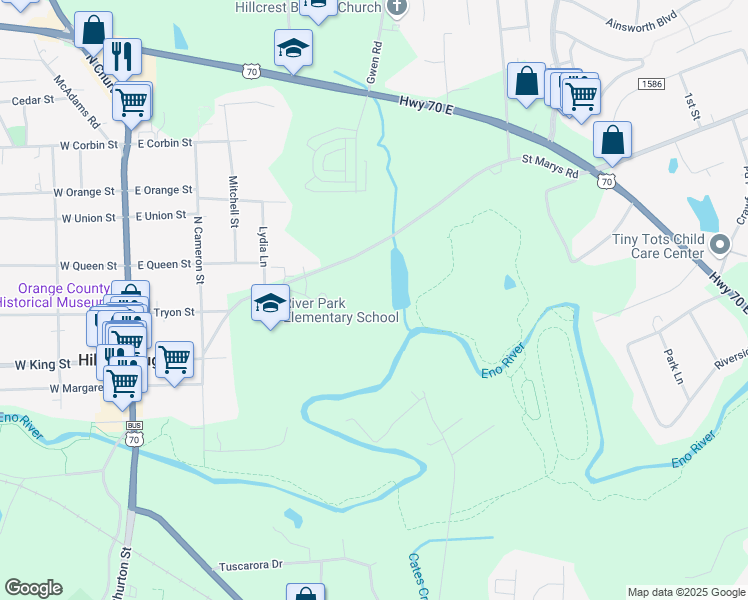 map of restaurants, bars, coffee shops, grocery stores, and more near 341 East King Street in Hillsborough