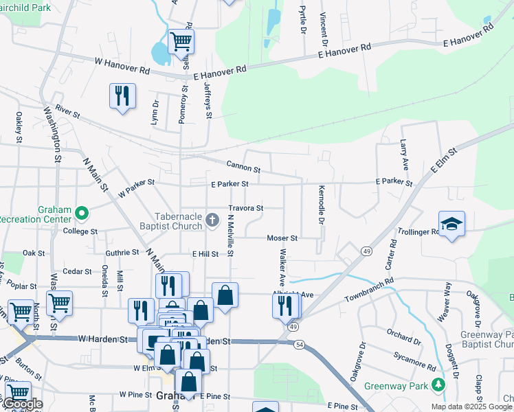 map of restaurants, bars, coffee shops, grocery stores, and more near 318 Travora Street in Graham