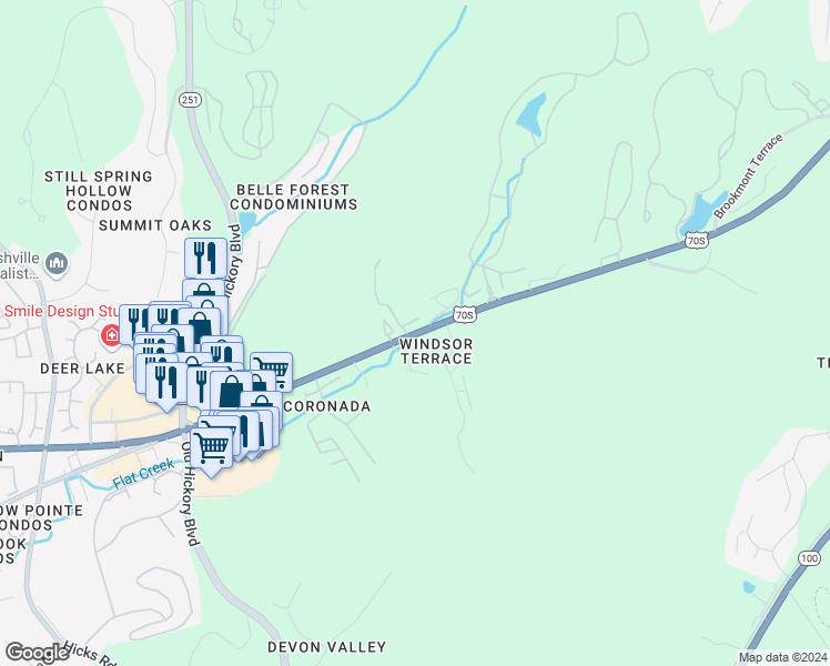 map of restaurants, bars, coffee shops, grocery stores, and more near 6932 Highway 70 South in Nashville