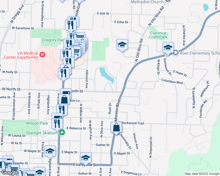 map of restaurants, bars, coffee shops, grocery stores, and more near 1140 East Lakefront Drive in Fayetteville