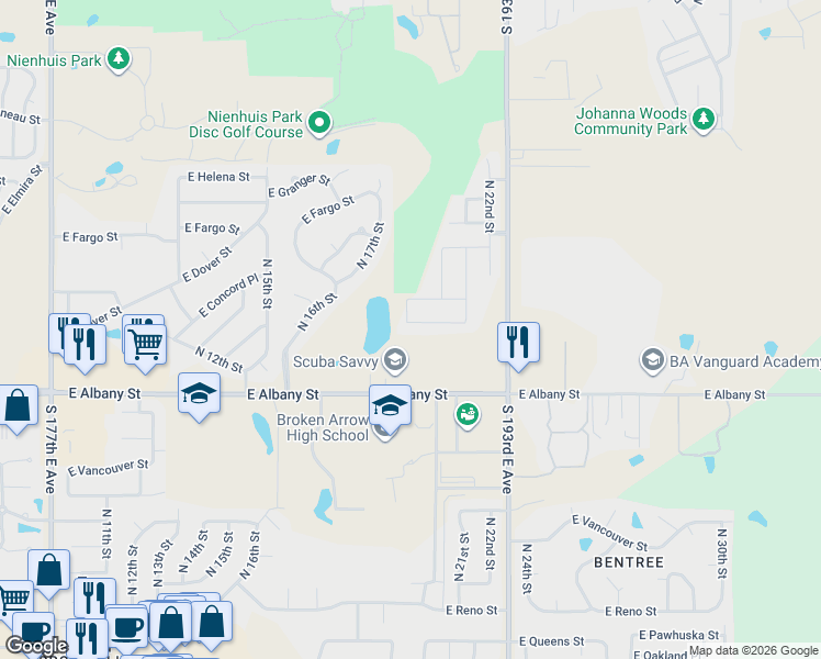 map of restaurants, bars, coffee shops, grocery stores, and more near 2100 East Concord Street in Broken Arrow