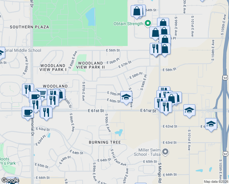 map of restaurants, bars, coffee shops, grocery stores, and more near 8946 East 59th Street in Tulsa