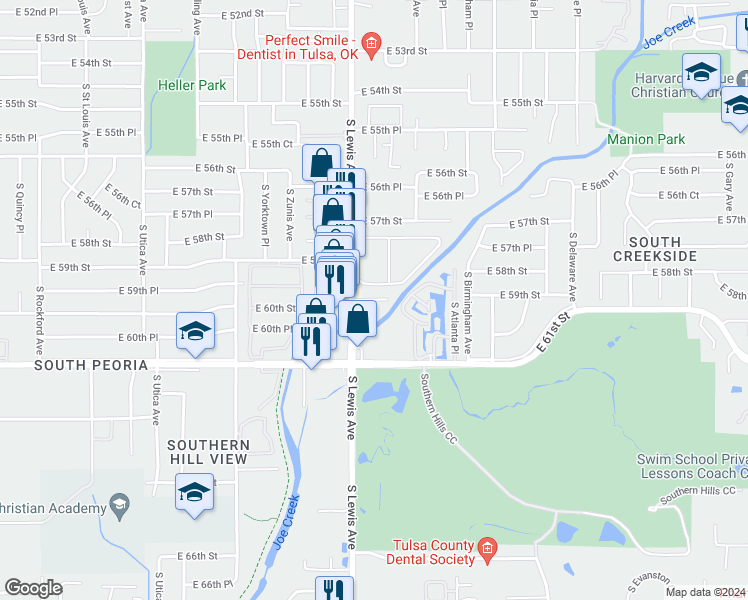 map of restaurants, bars, coffee shops, grocery stores, and more near 2429 East 59th Court in Tulsa