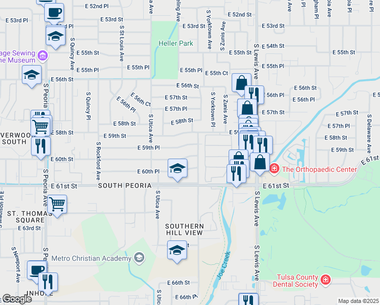 map of restaurants, bars, coffee shops, grocery stores, and more near 1772 East 59th Place in Tulsa