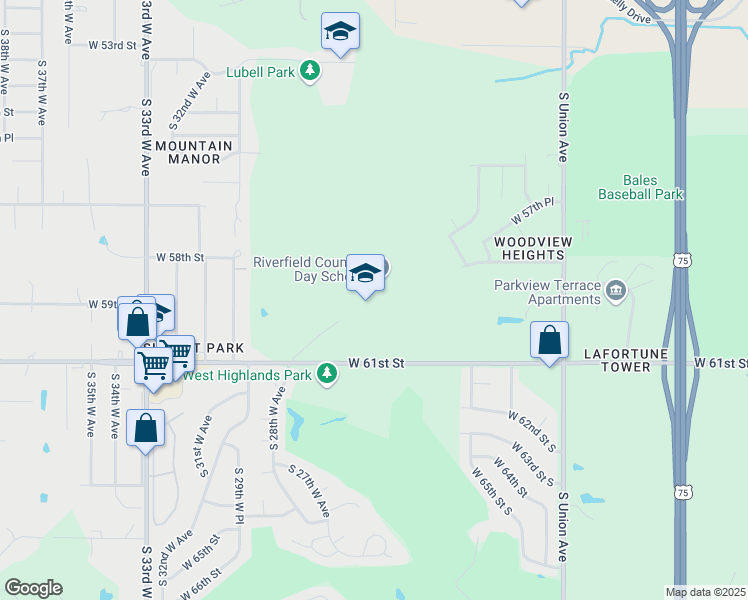 map of restaurants, bars, coffee shops, grocery stores, and more near 2433 W 61st St in Tulsa
