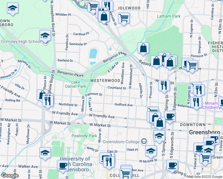 map of restaurants, bars, coffee shops, grocery stores, and more near 901 Courtland Street in Greensboro