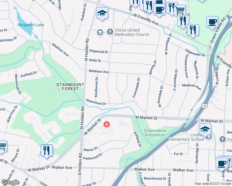 map of restaurants, bars, coffee shops, grocery stores, and more near 105 West Brentwood Road in Greensboro