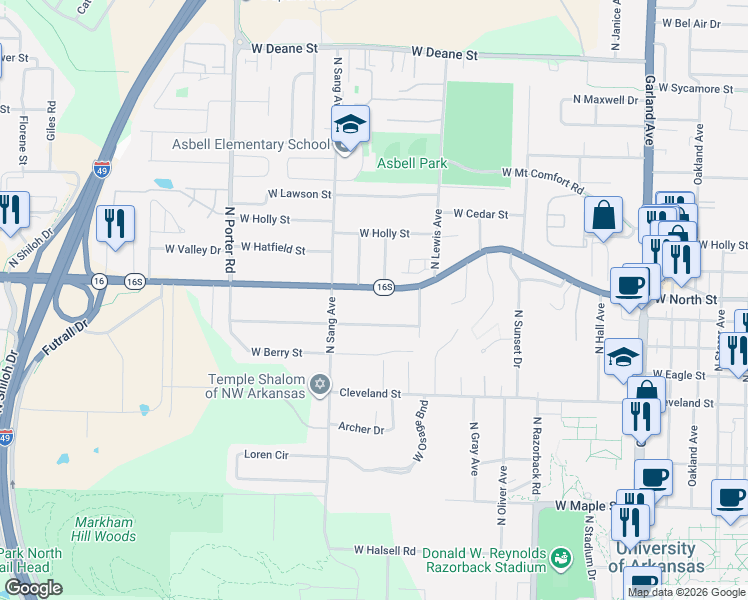 map of restaurants, bars, coffee shops, grocery stores, and more near 1906 West Wedington Drive in Fayetteville