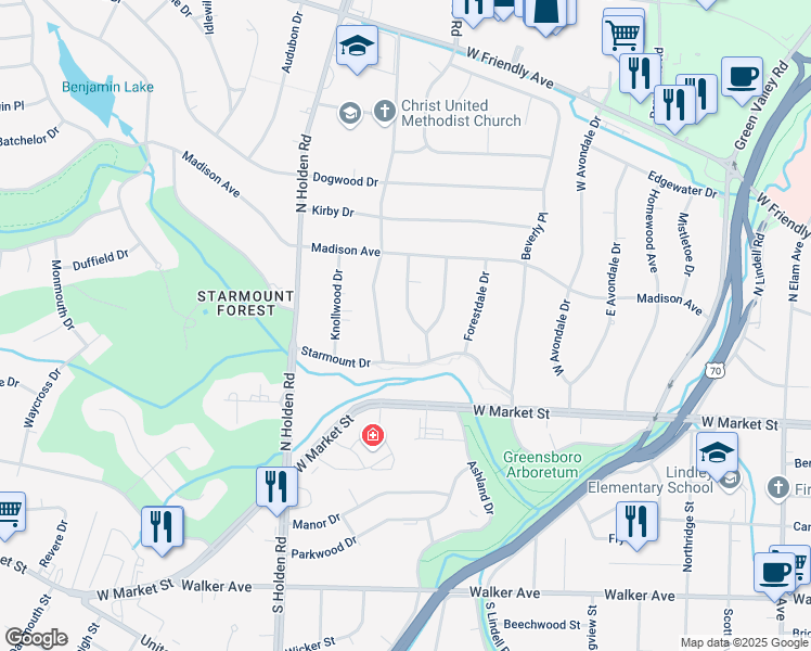map of restaurants, bars, coffee shops, grocery stores, and more near 105 West Brentwood Road in Greensboro