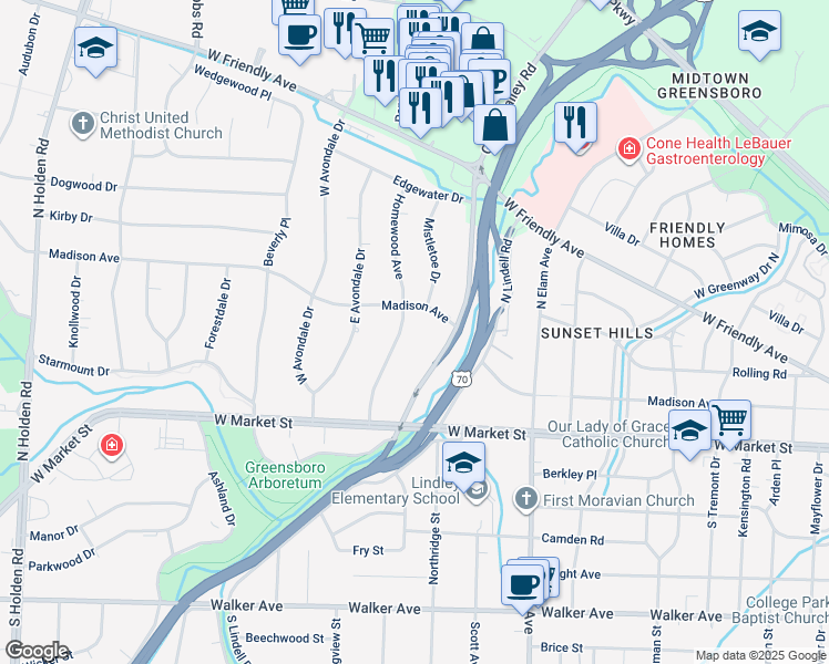 map of restaurants, bars, coffee shops, grocery stores, and more near 3009 Madison Avenue in Greensboro