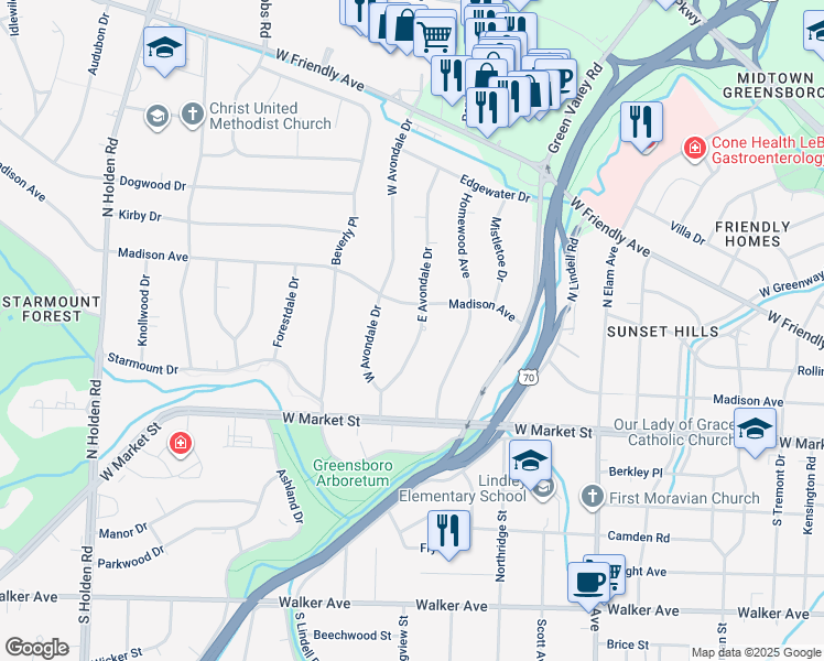 map of restaurants, bars, coffee shops, grocery stores, and more near 117 East Avondale Drive in Greensboro