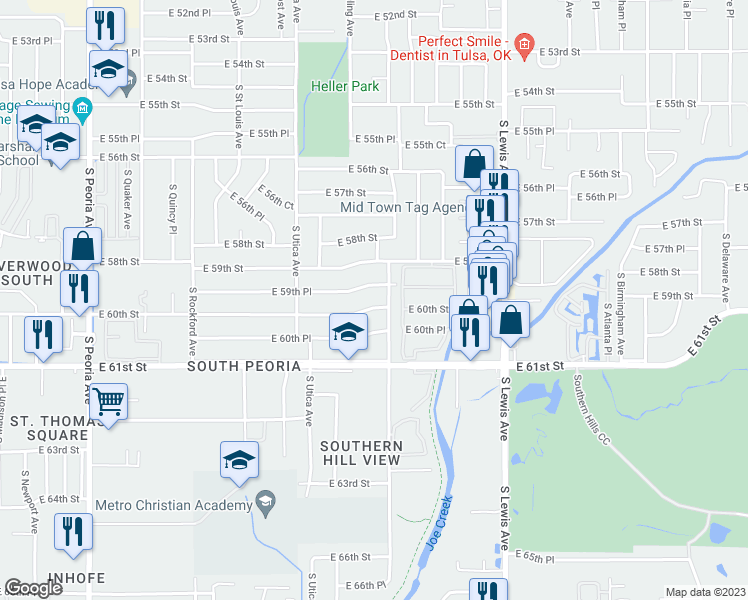 map of restaurants, bars, coffee shops, grocery stores, and more near 1772 East 59th Place in Tulsa