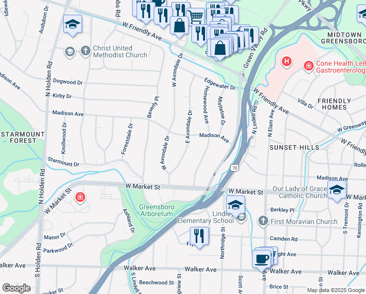 map of restaurants, bars, coffee shops, grocery stores, and more near 117 East Avondale Drive in Greensboro