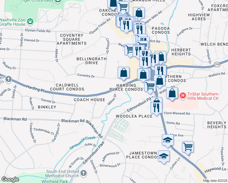 map of restaurants, bars, coffee shops, grocery stores, and more near 501 Harding Place in Nashville