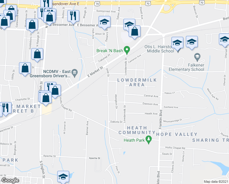 map of restaurants, bars, coffee shops, grocery stores, and more near 512 Abington Drive in Greensboro