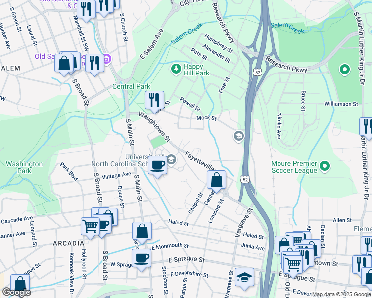 map of restaurants, bars, coffee shops, grocery stores, and more near 187 Fayetteville Street Southeast in Winston-Salem