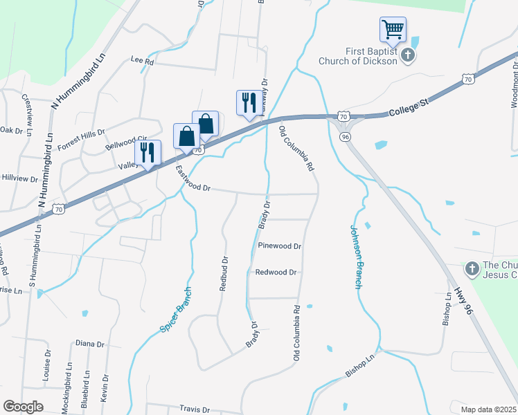map of restaurants, bars, coffee shops, grocery stores, and more near 107 Eastwood Drive in Dickson