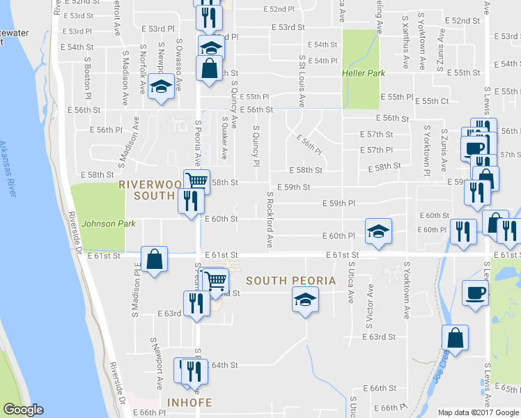 map of restaurants, bars, coffee shops, grocery stores, and more near 5920 South Rockford Avenue in Tulsa