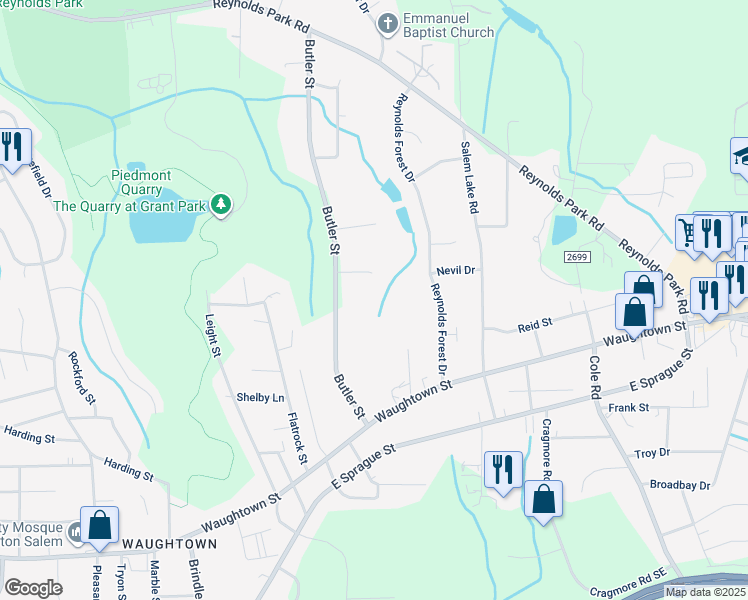 map of restaurants, bars, coffee shops, grocery stores, and more near 1719 Butler Street in Winston-Salem