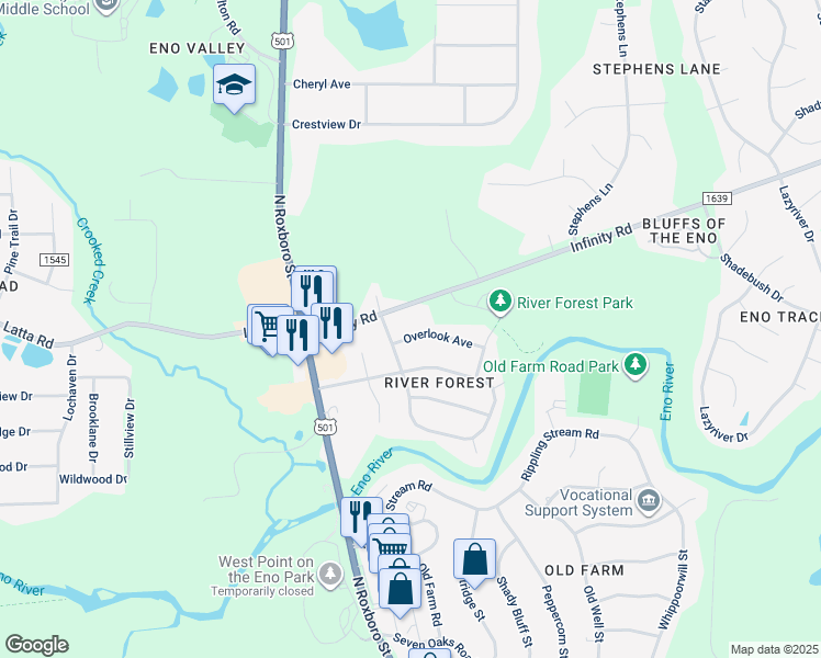 map of restaurants, bars, coffee shops, grocery stores, and more near 207 Overlook Avenue in Durham