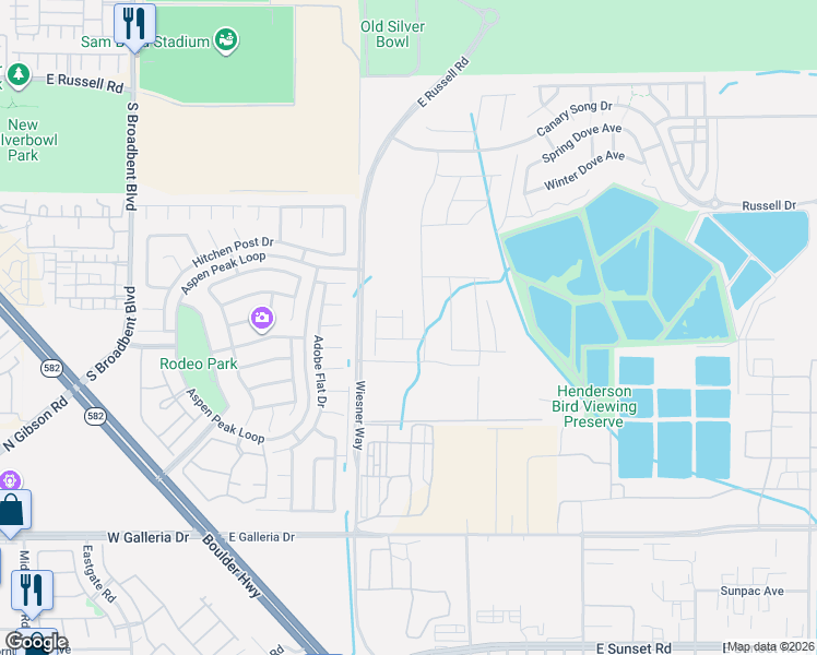 map of restaurants, bars, coffee shops, grocery stores, and more near 1010 Peacock Plume Street in Henderson