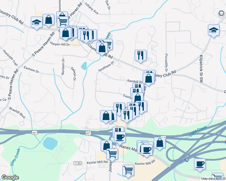 map of restaurants, bars, coffee shops, grocery stores, and more near 4749 Eastwin Drive in Winston-Salem