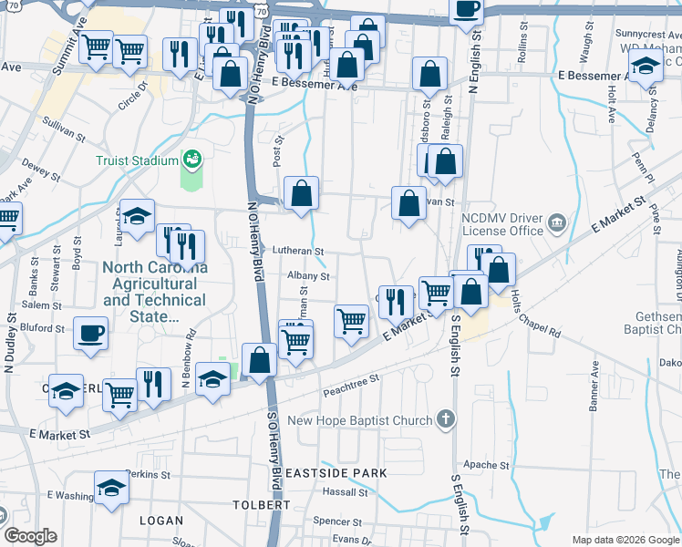map of restaurants, bars, coffee shops, grocery stores, and more near 325 Winston Street in Greensboro