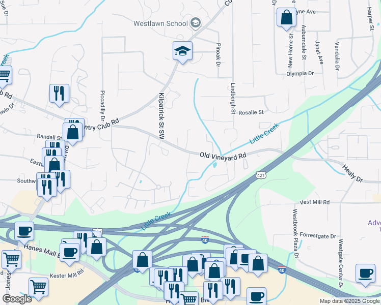 map of restaurants, bars, coffee shops, grocery stores, and more near 3929 Old Vineyard Road in Winston-Salem