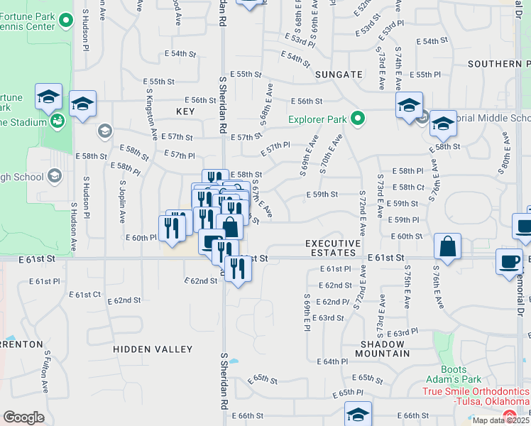 map of restaurants, bars, coffee shops, grocery stores, and more near 5858 South 67th East Avenue in Tulsa